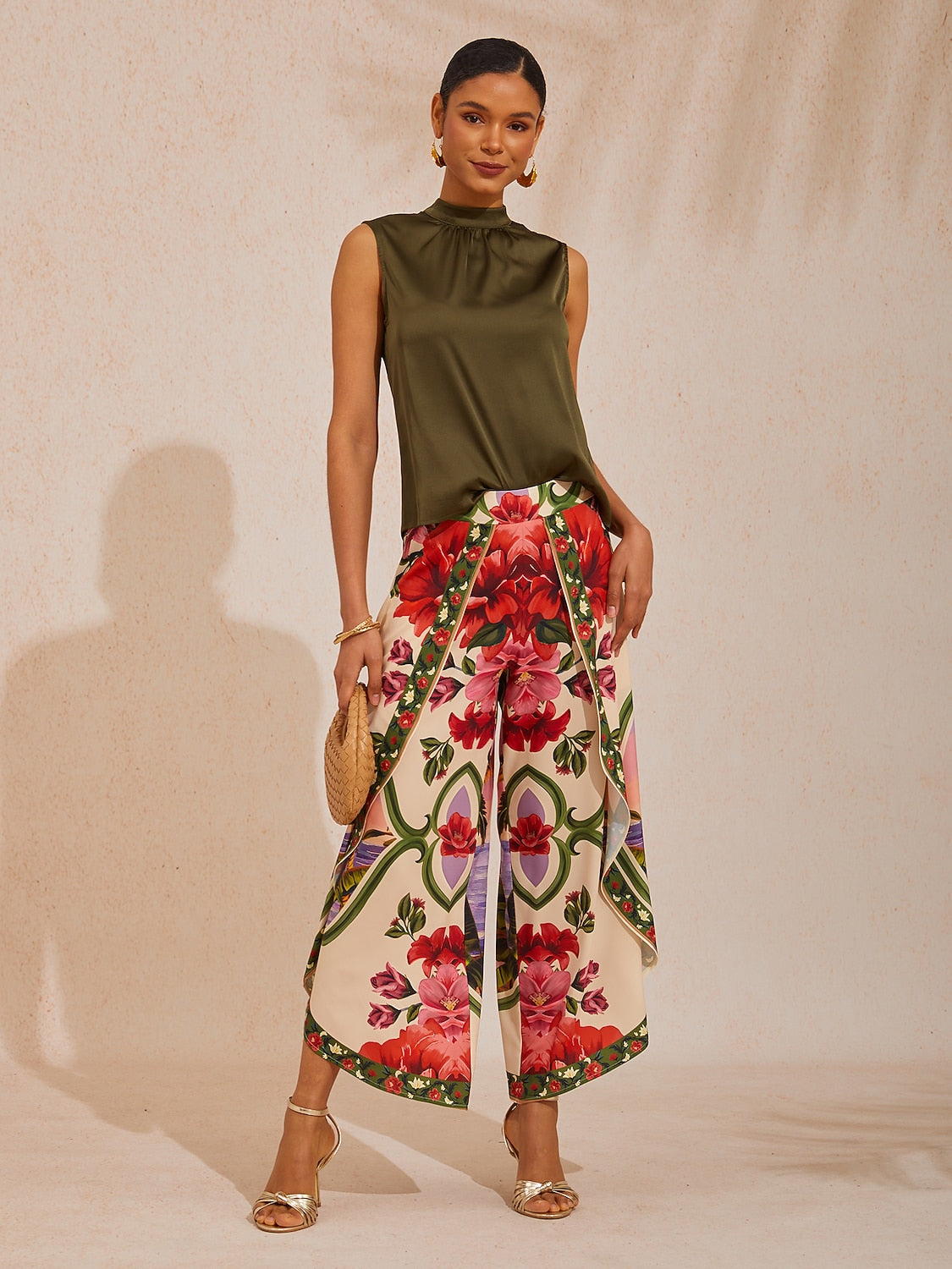 Vacation Placement Floral Crisscross Satin Wide leg Pants