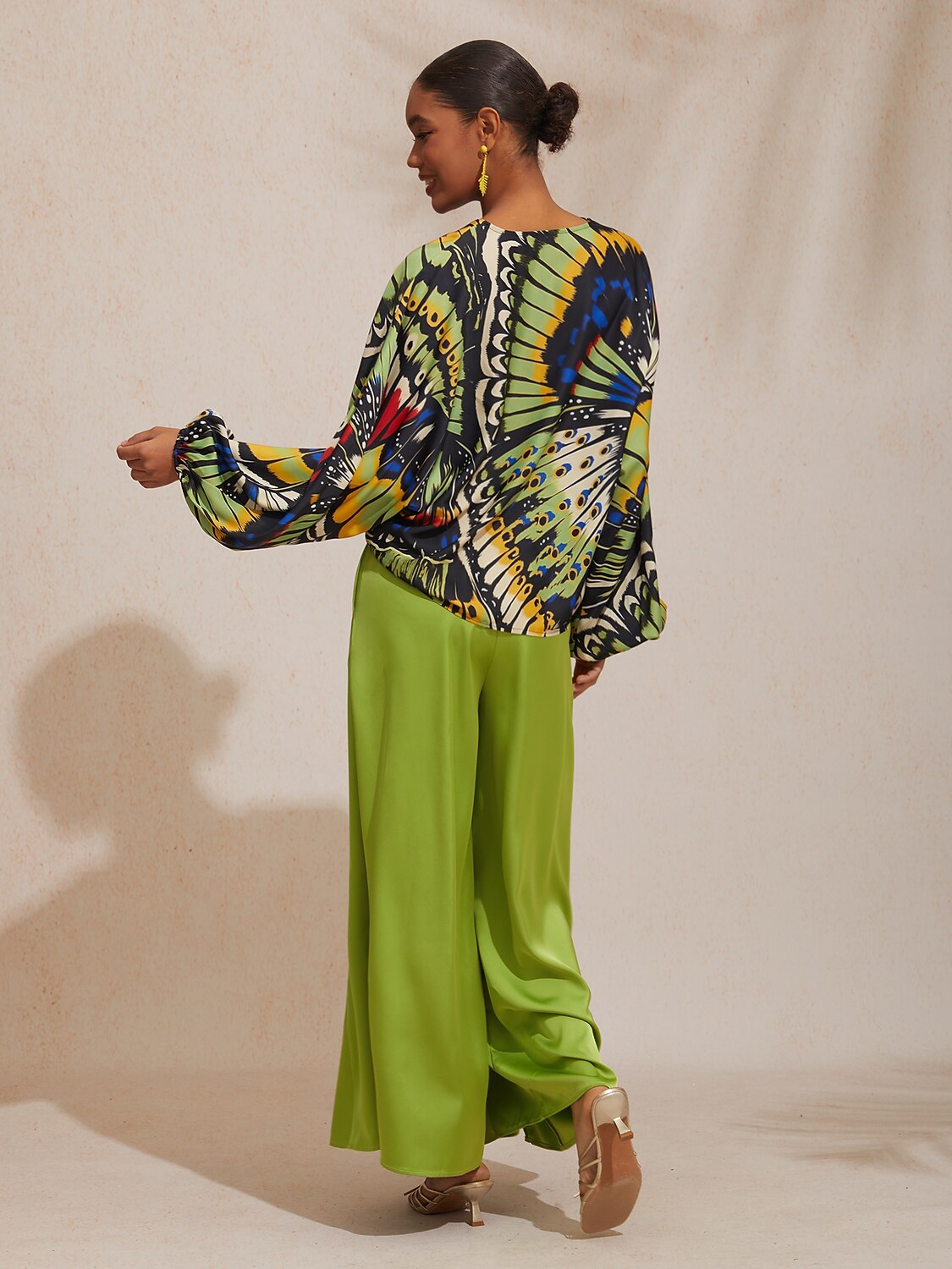 Vacation Butterfly Print Dolman Sleeve Satin Top