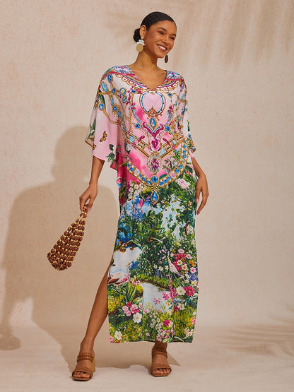 Vacation Jungle Print Dolman Sleeve Chiffon Maxi Dress