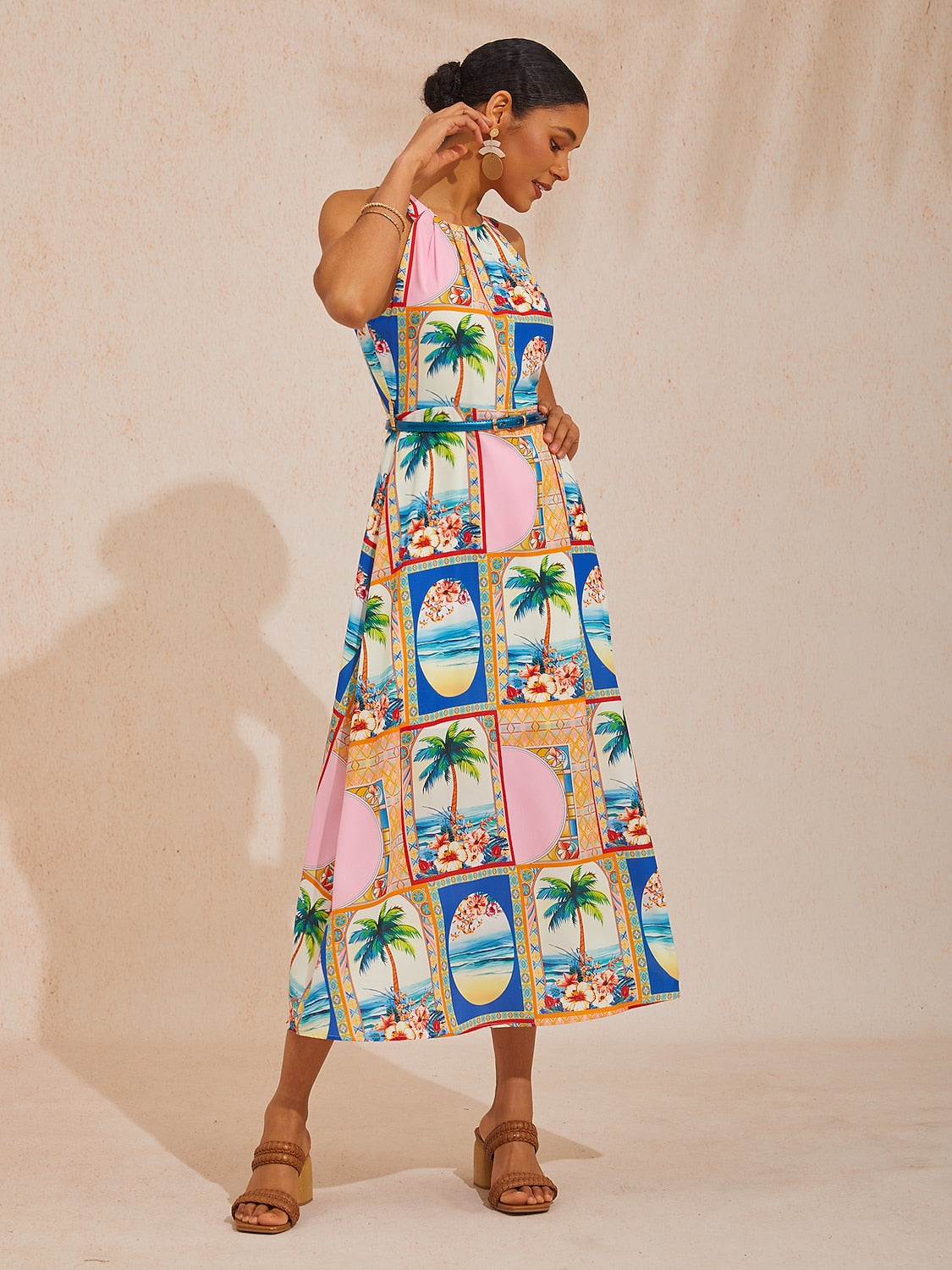 Vacation Geometric Floral Print Waist-cinching Sleeveless Satin Maxi Dress