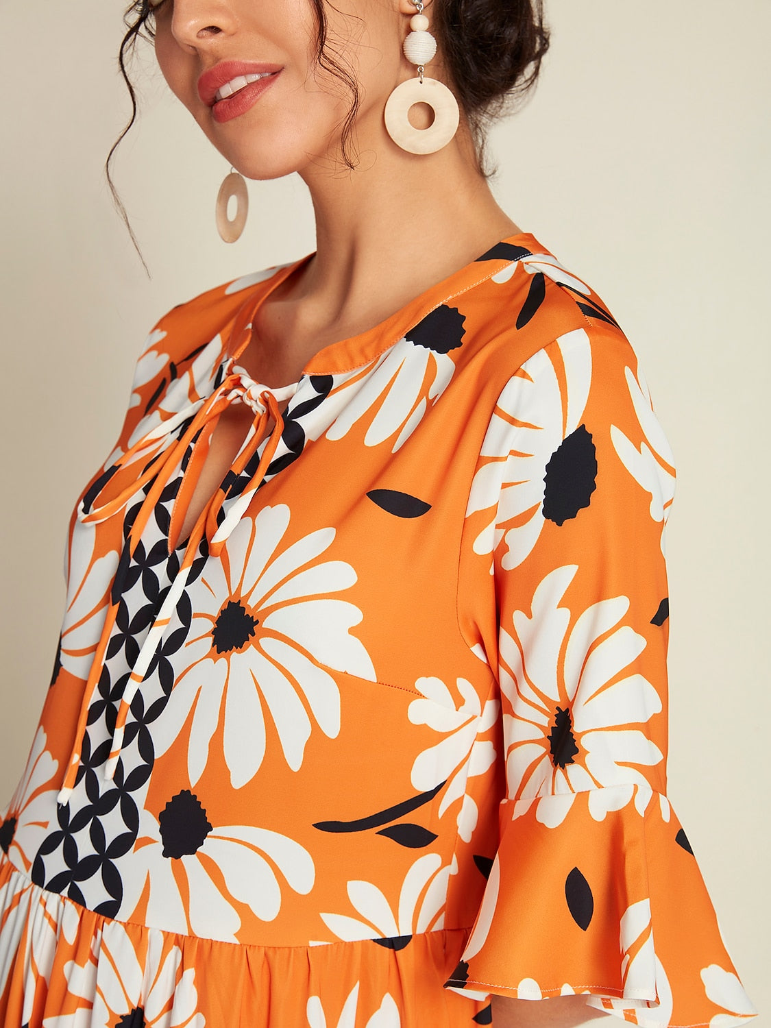 Satin Vacation Geometric Pattern 3/4 Length Sleeves Maxi Dress