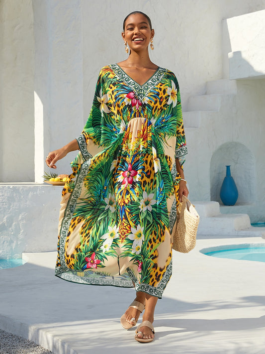 Vacation Jungle Leopard Motif Batwing Sleeve Chiffon Maxi Dress