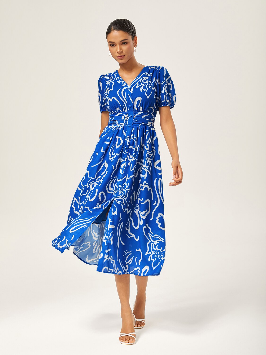 Abstract Art Print Linen-Like Waist-Cinching Maxi Dress