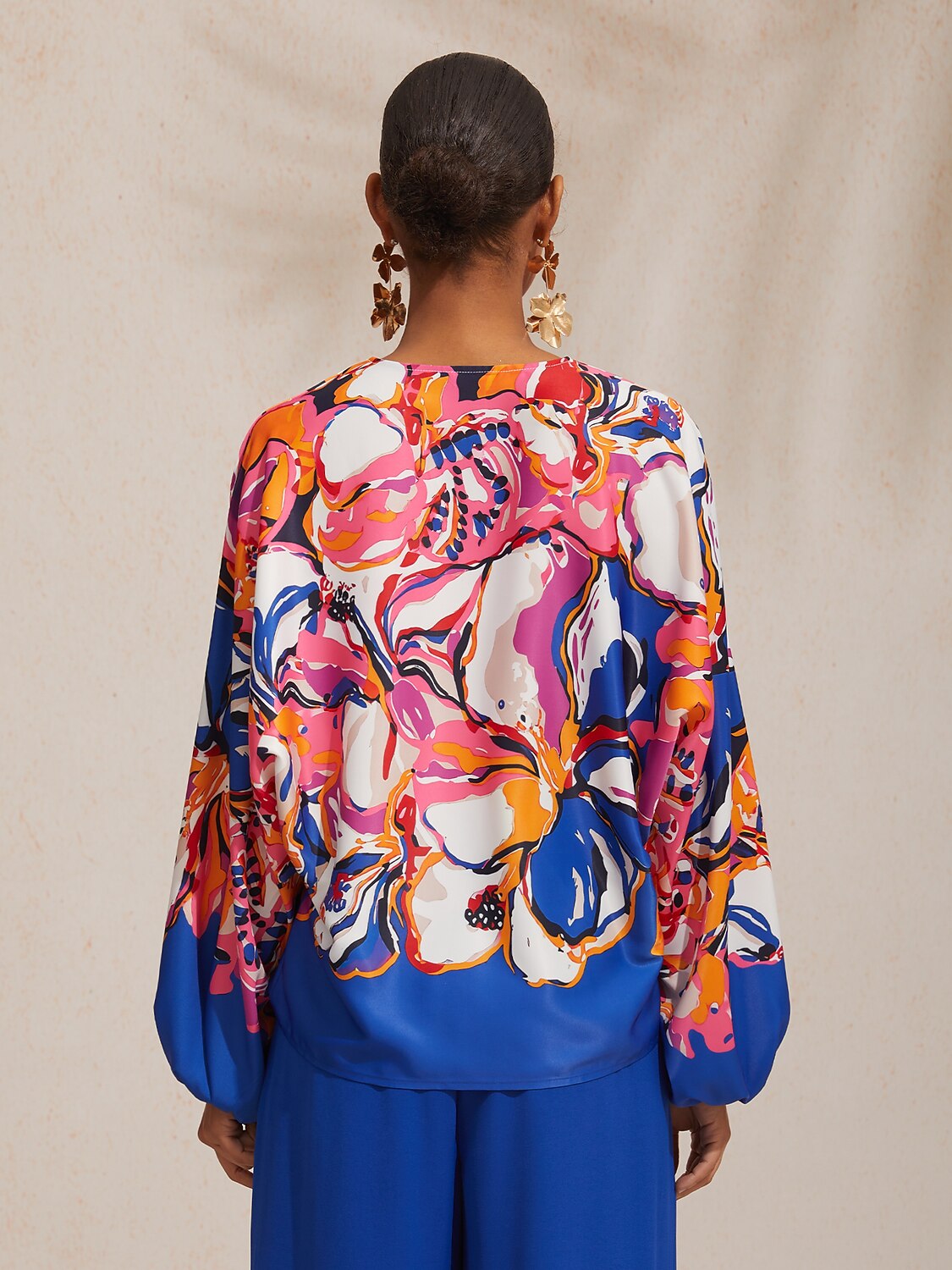 Vacation Artistic Floral Dolman Sleeve Satin Top