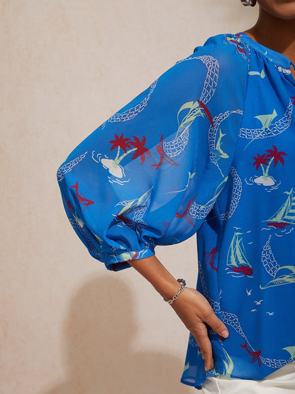 Vacation Ocean Elements Print Loose Chiffon Short Top