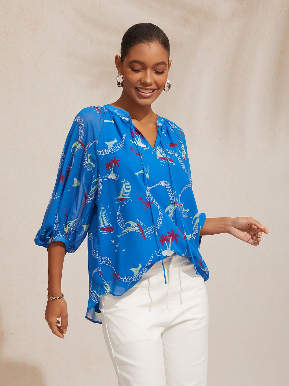 Vacation Ocean Elements Print Loose Chiffon Short Top