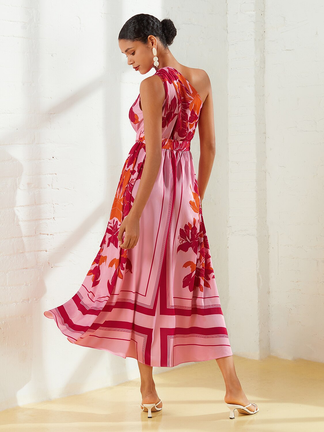 Satin Floral Print Vacation One-Shoulder Maxi Dress