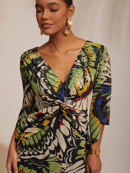 Vacation Butterfly Print Waist Defined Chiffon Maxi Dress