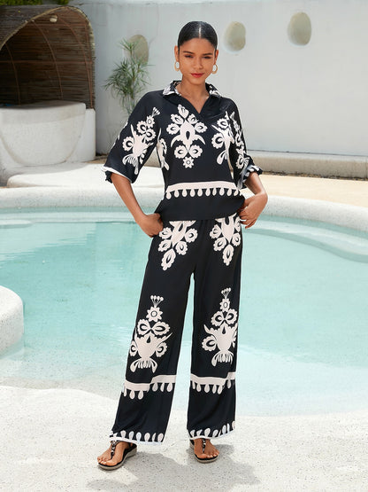 Top Satin Raglan Modern Lapel Black Print