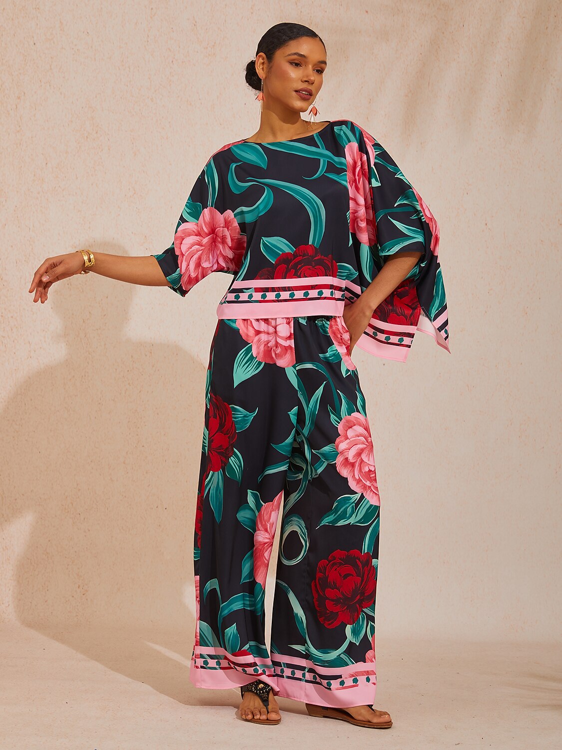 Vacation Contrast Color Artistic Floral Dolman Sleeve Satin Top