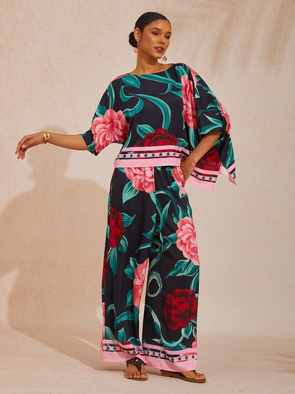 Vacation Contrast Color Artistic Floral Dolman Sleeve Satin Top