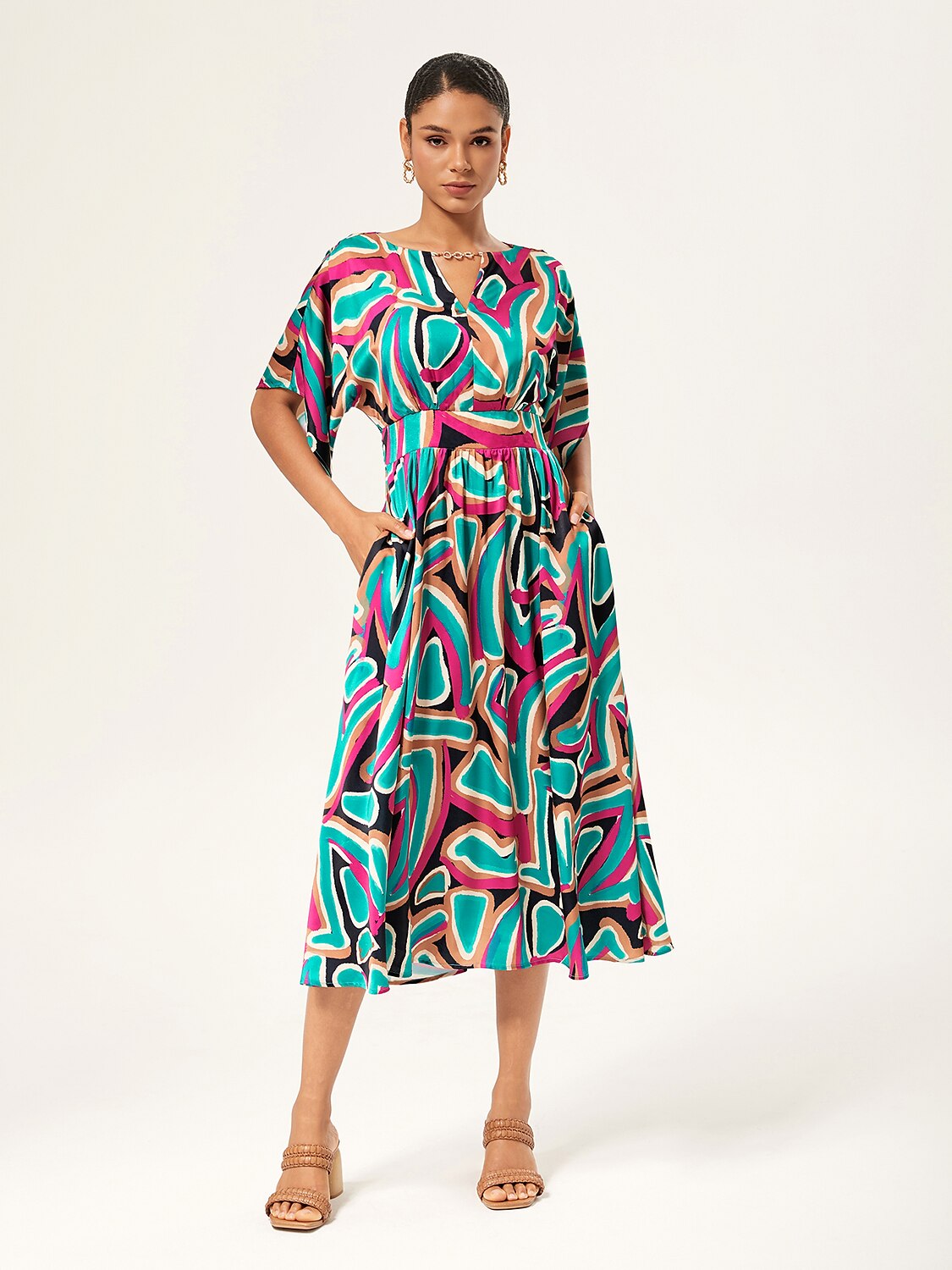 Colorful Abstract Batwing Sleeve Cinched Satin Dress
