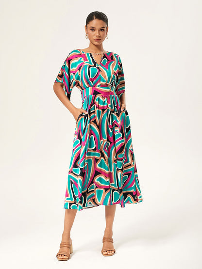 Colorful Abstract Batwing Sleeve Cinched Satin Dress