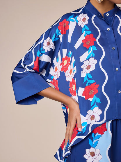 Satin Artistic Printing Standing Collar Blouse