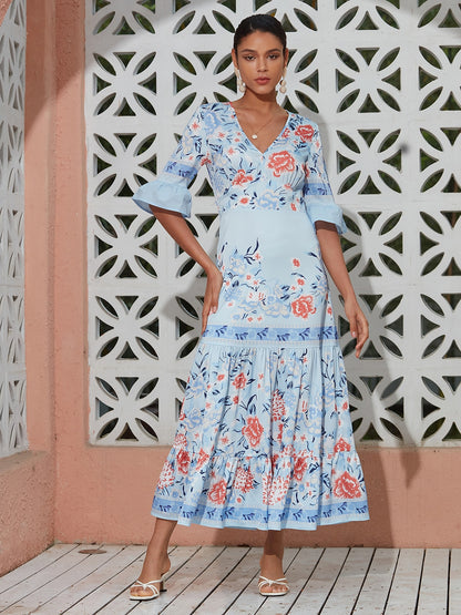 Maxi Dress Satin Floral Printing