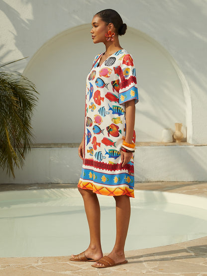 Vacation Ocean Elements Shirred Satin Mini Dress