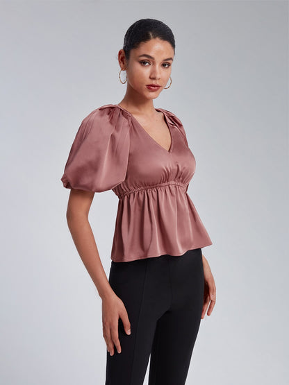 V-Neck Puff Sleeve Peplum Top