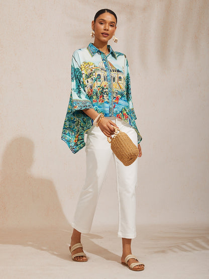 Balearic Islands Blue Silky Satin Dolman Sleeve Top