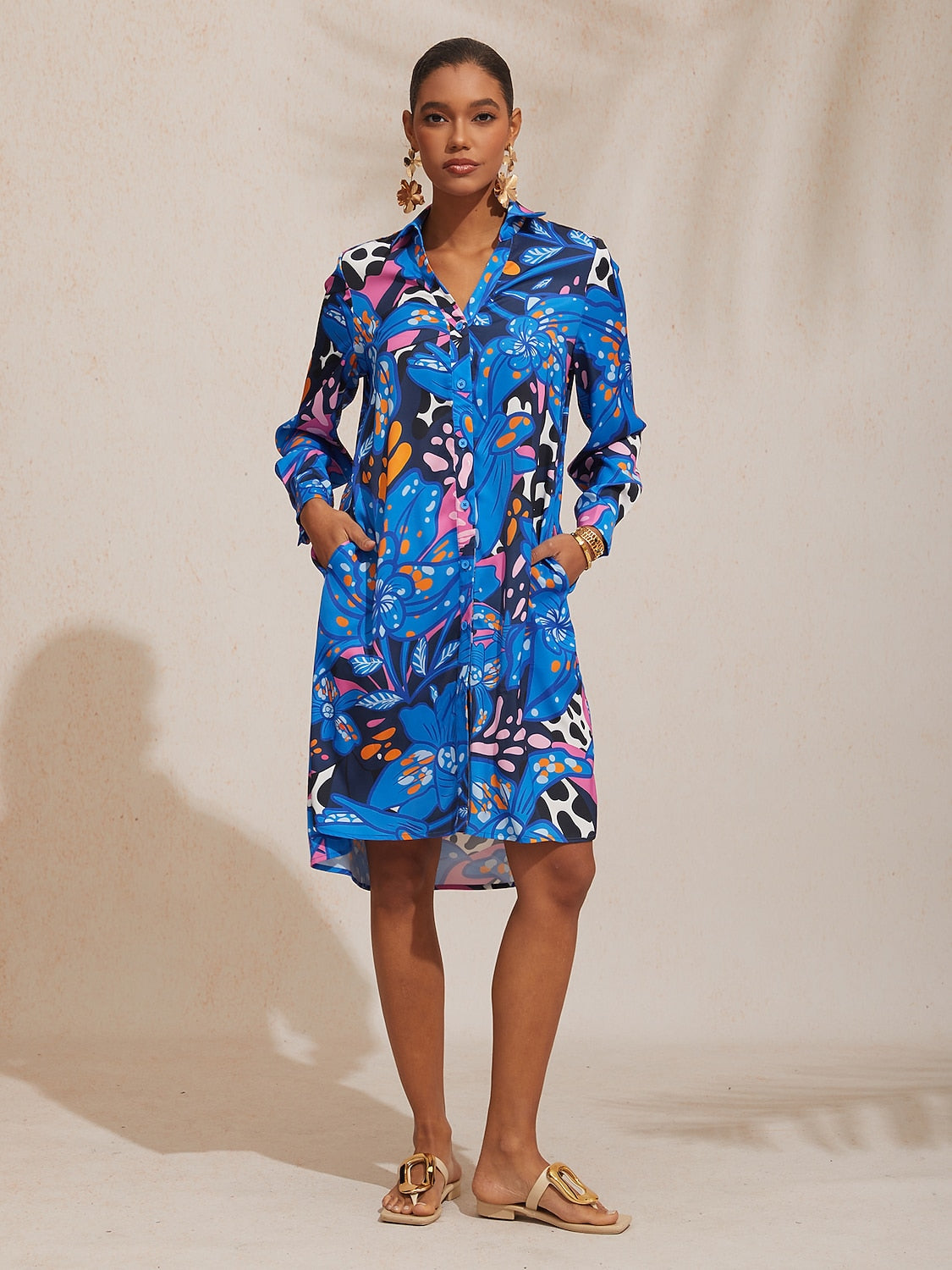 Vacation Abstract Color Dot Floral Straight Satin Shirt Dress