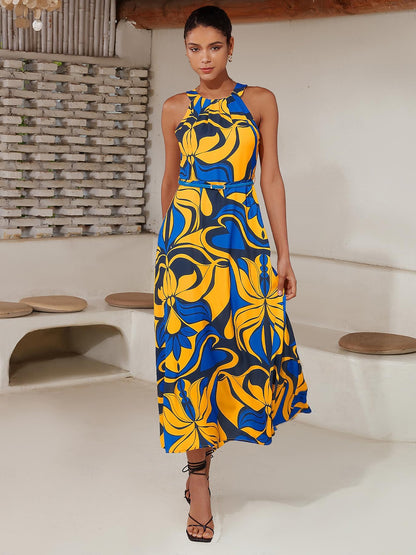 Midi Dress Midi Dress Yellow less Floral Belted Printing High Pattern Dress