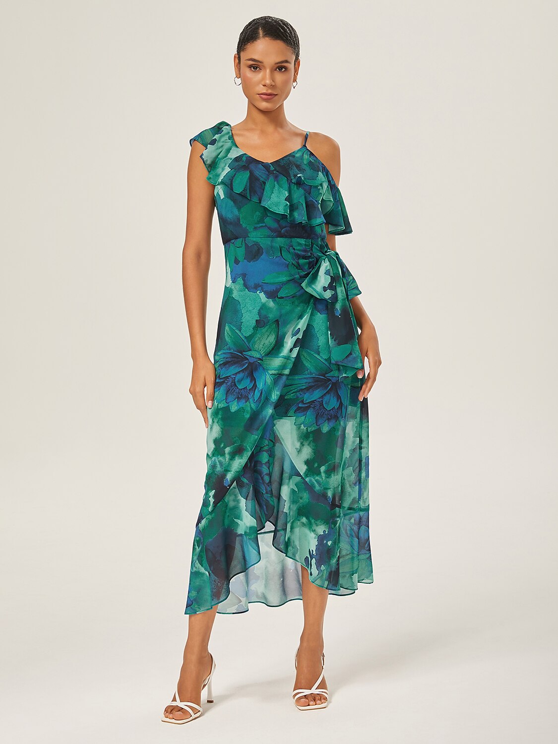 Chiffon Floral Print Ruffled Tie-Front Midi Dress