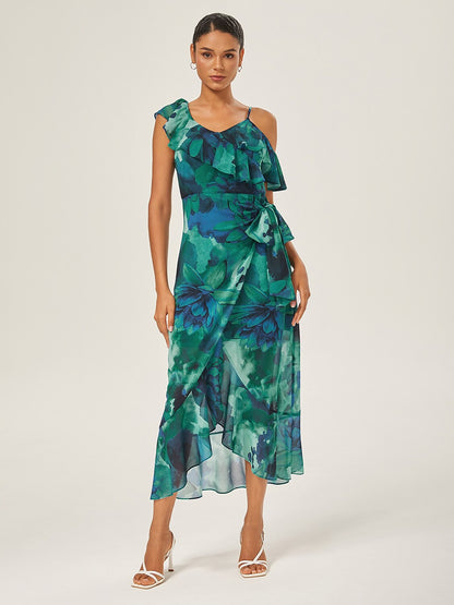 Chiffon Floral Print Ruffled Tie-Front Midi Dress