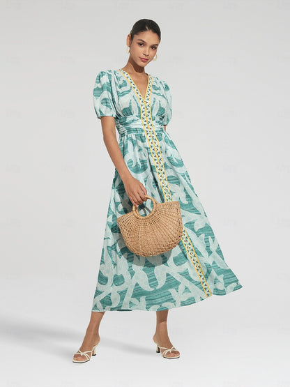 Puff Sleeve V Neck Maxi Dress