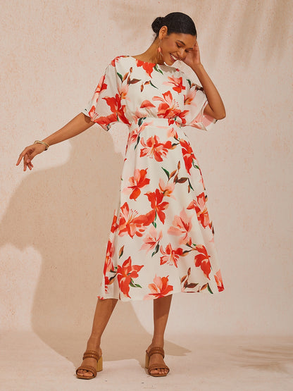 Vacation Pink Floral Print Waist Cinching Chiffon Maxi Dress