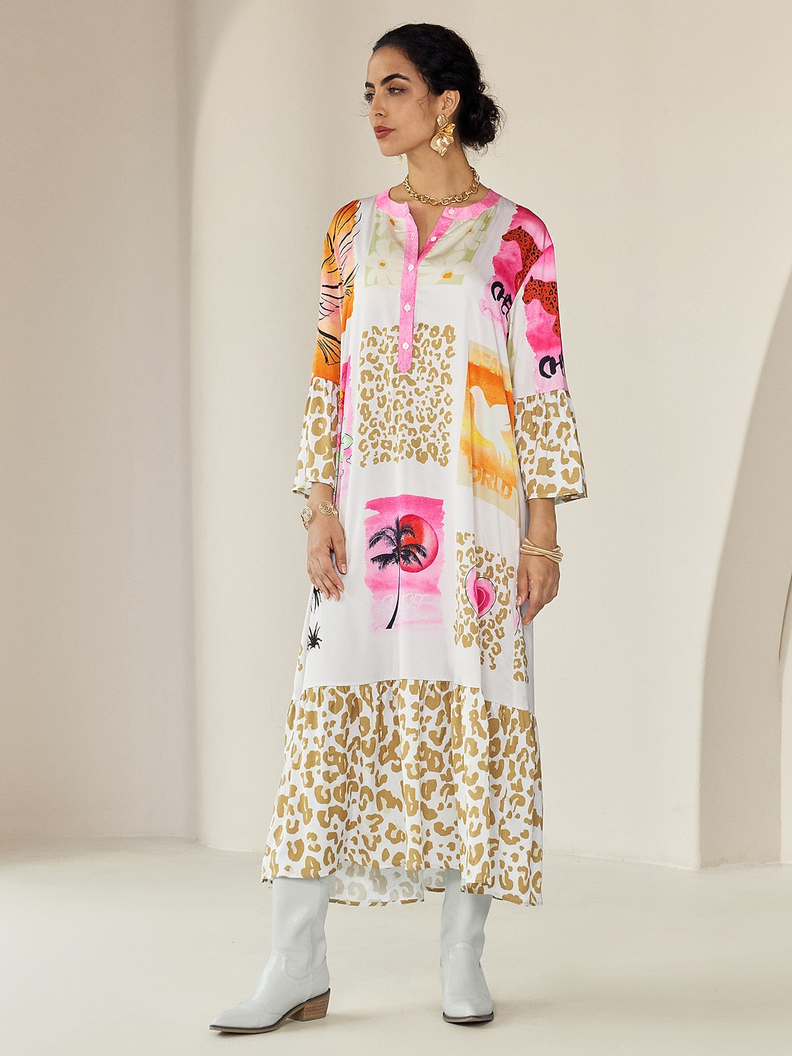 Satin Leopard Print Button Up Maxi Dress