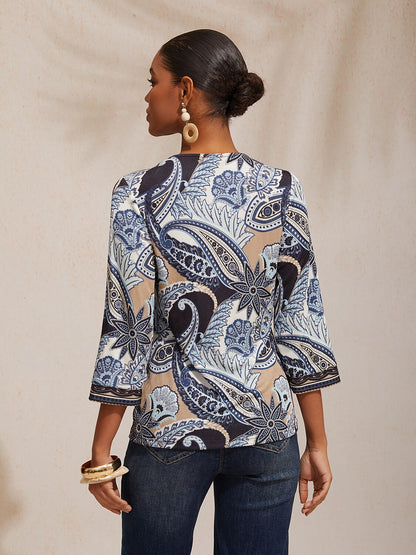 Vacation Paisley Pattern High Stretch Knit Top