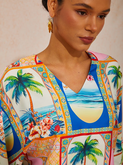 Vacation Geometric Floral Print Dolman Sleeve Satin Top