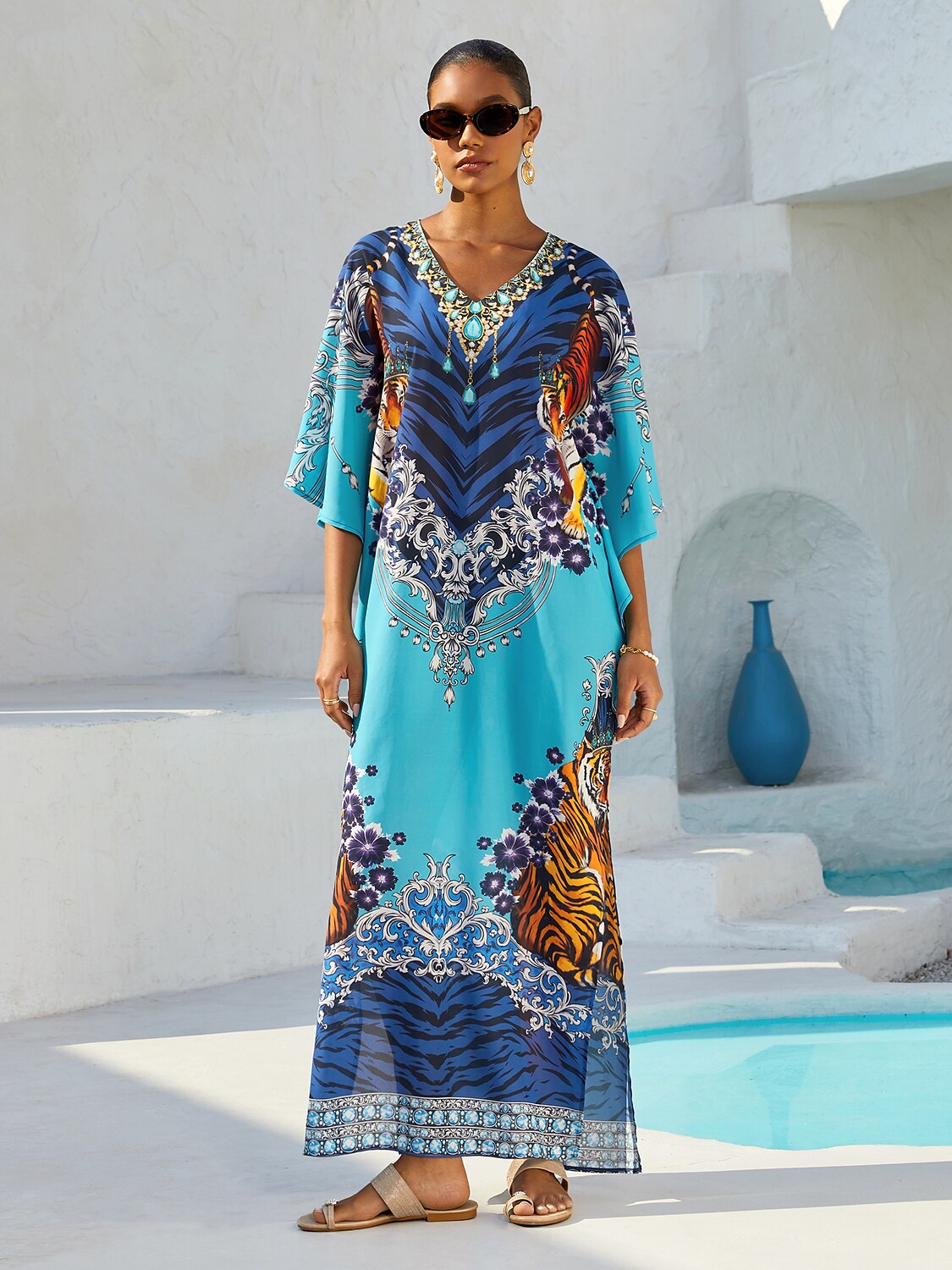 Mallorca Blossom Flowy Chiffon Dolman Sleeve Maxi Dress