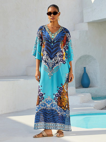 Mallorca Blossom Flowy Chiffon Dolman Sleeve Maxi Dress