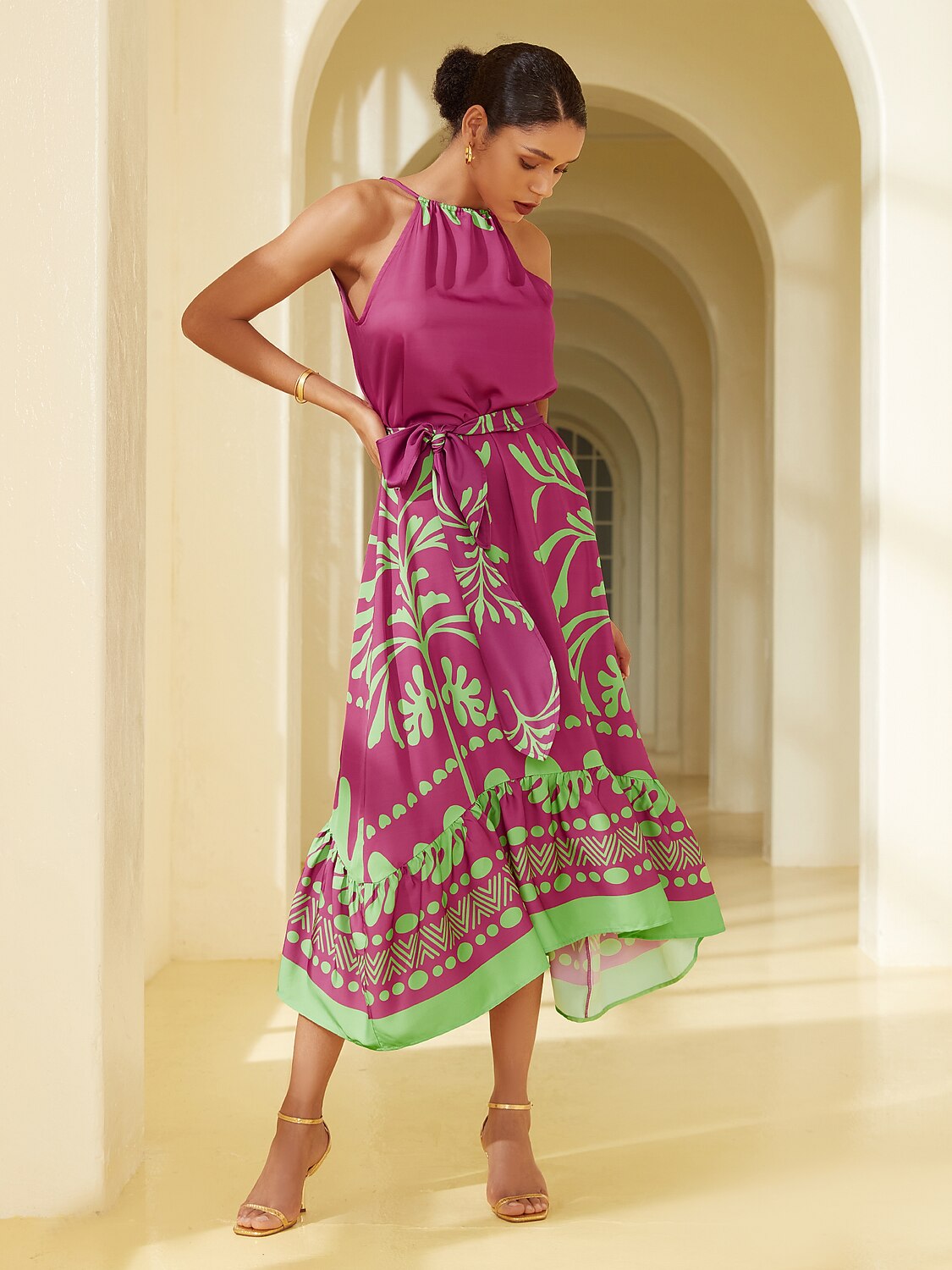 Satin Vacation-Style Geometric Pattern Sleeveless Midi Dress