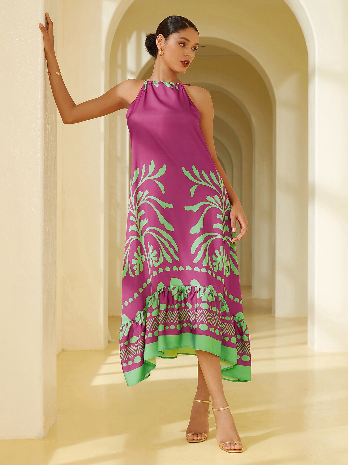 Satin Vacation-Style Geometric Pattern Sleeveless Midi Dress