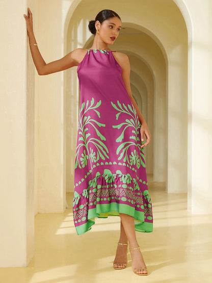 Satin Vacation-Style Geometric Pattern Sleeveless Midi Dress