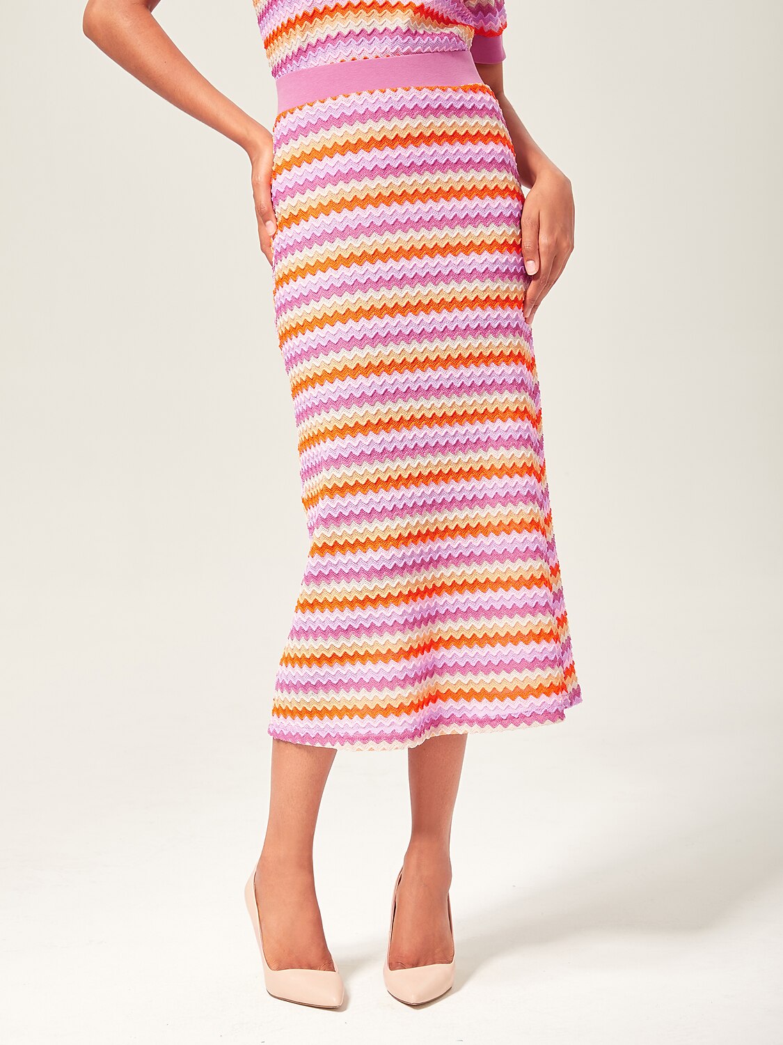 Orange Knitted Stretch Color Block Skirt