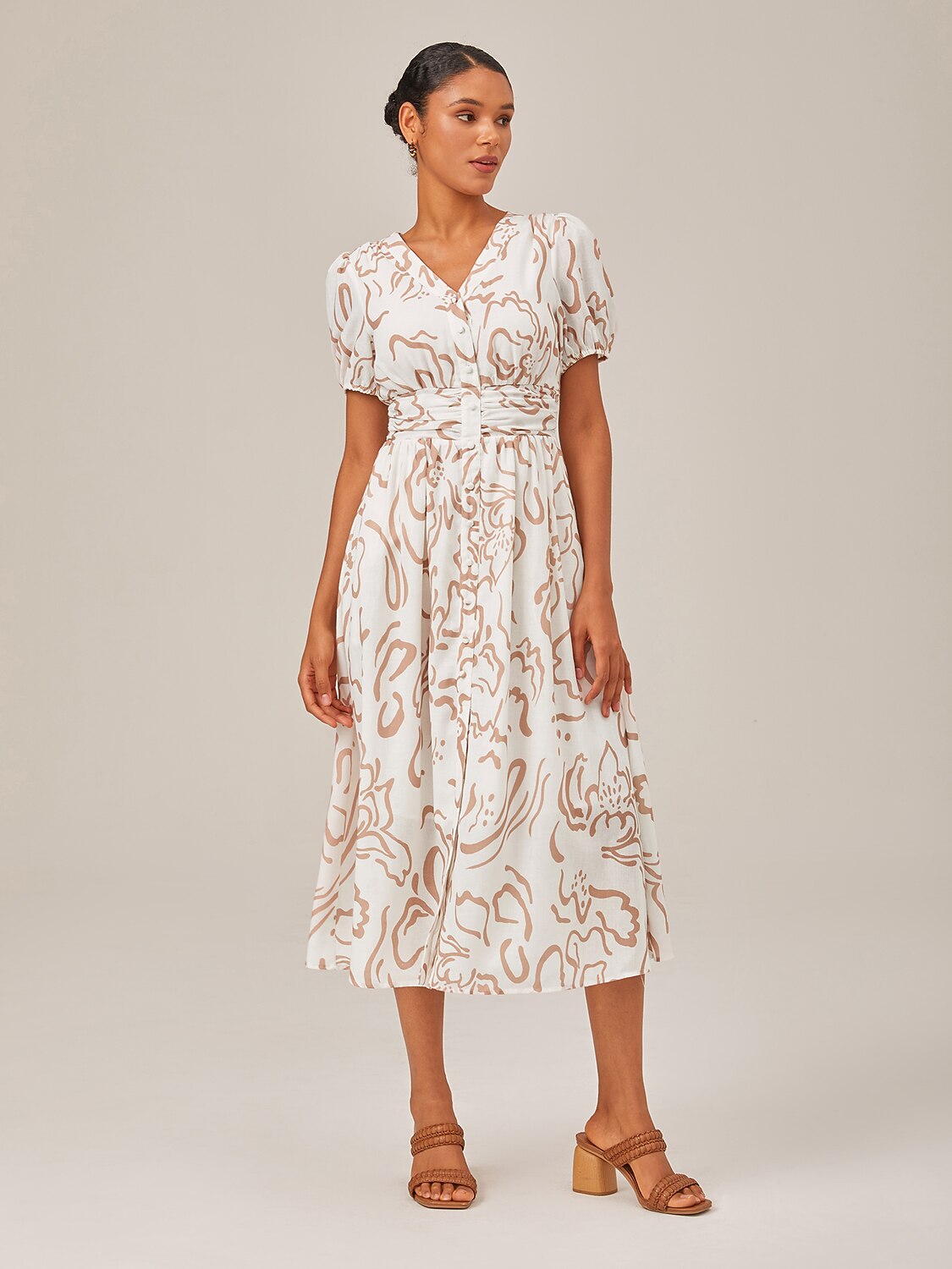 Abstract Art Print Linen-Like Waist-Cinching Maxi Dress