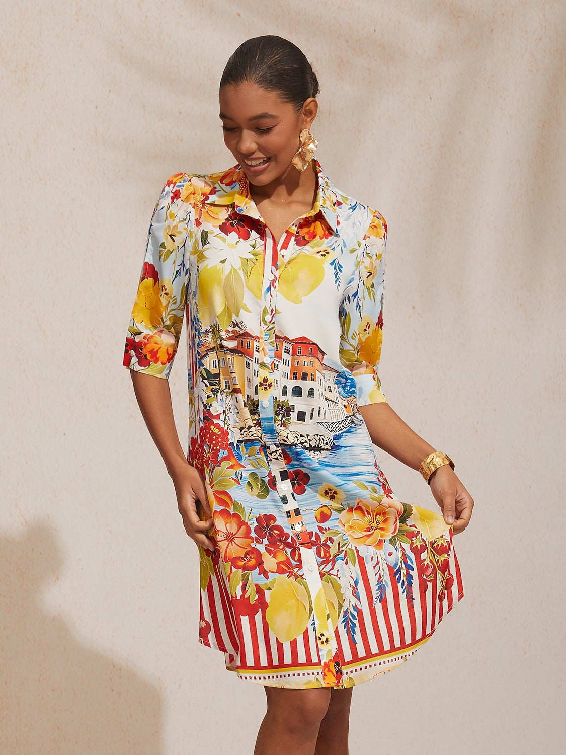 Vacation Scenic Floral Print Straight Satin Shirt Dress