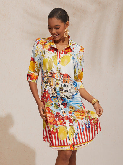 Vacation Scenic Floral Print Straight Satin Shirt Dress