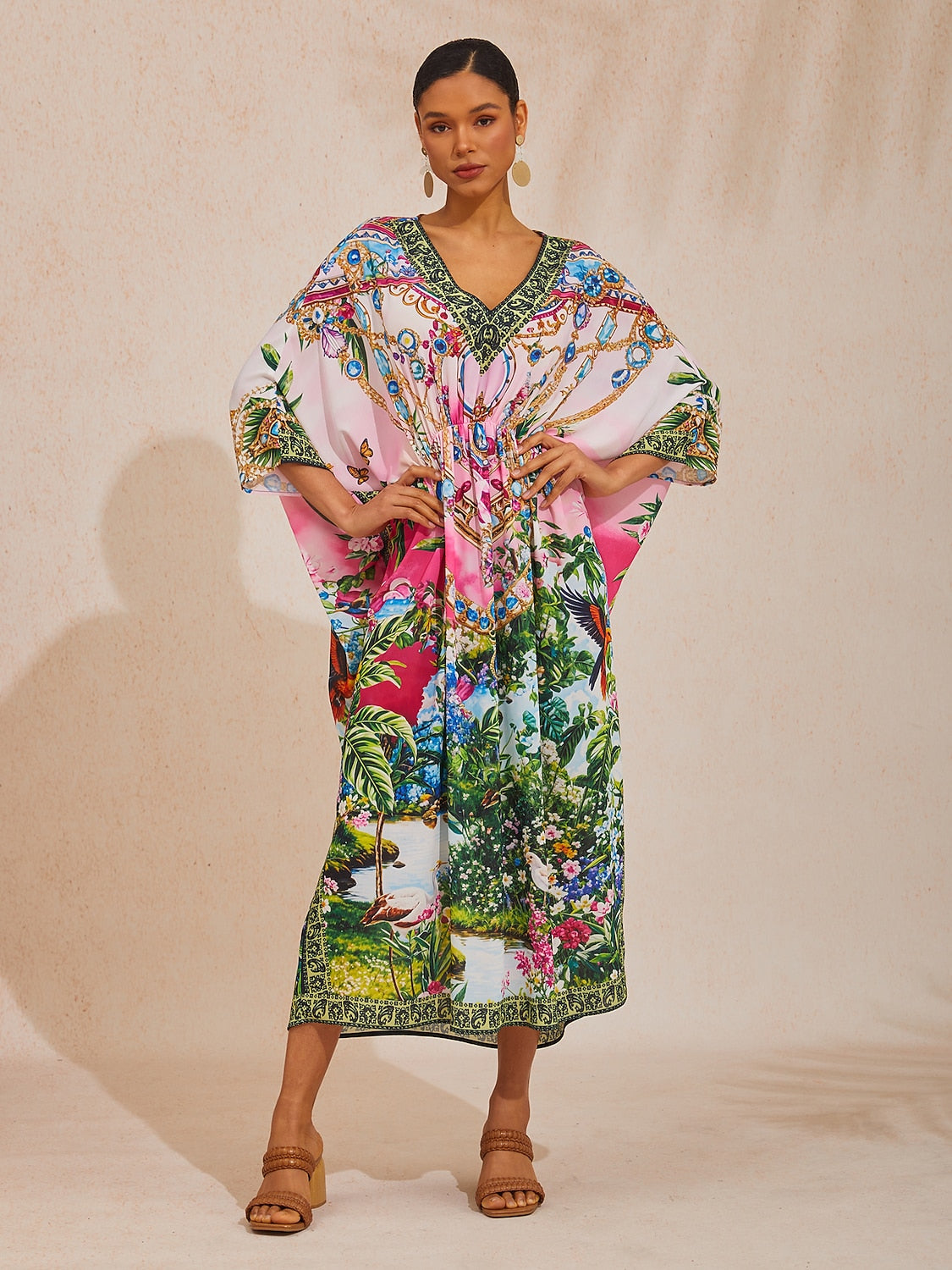 Vacation Floral Chain Print Dolman Sleeve Chiffon Maxi Dress