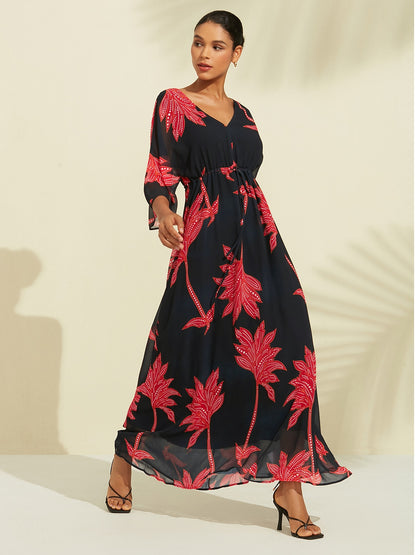 Print Dress Maxi Dress Black Flower/Plants Printing
