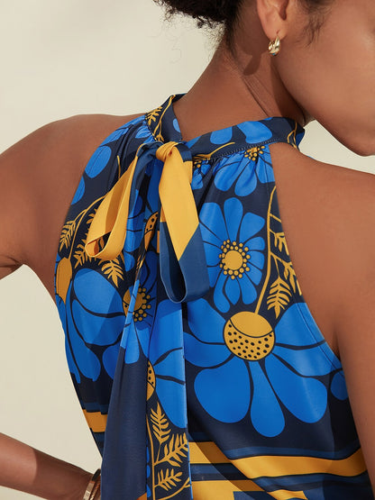 Geometic Flower/Plants Ruched Tie back/Tie front Blouses