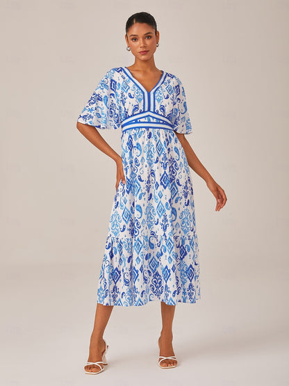 Blue Monochrome Print Empire Waist Midi Dress