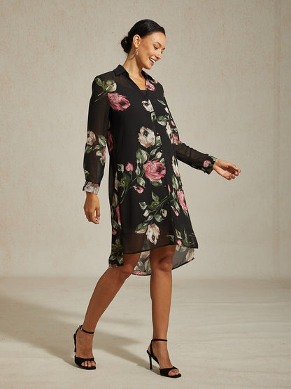 Mini Dress Shirt Collar Chiffon Black Floral Print