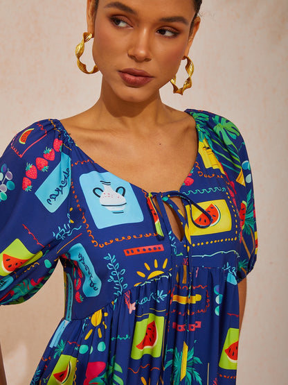 Vacation Tropical Geometric Print A Line Satin Maxi Dress