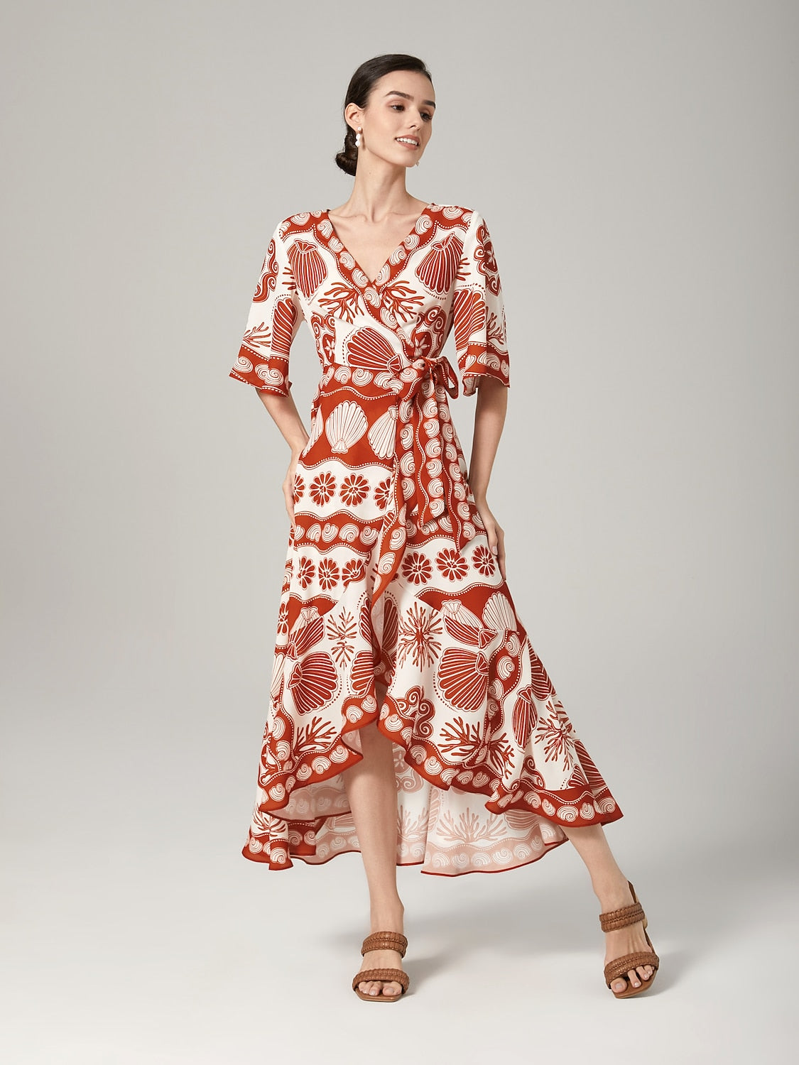 Ocean Elements Print Vacation Style Satin V-Neck Dress