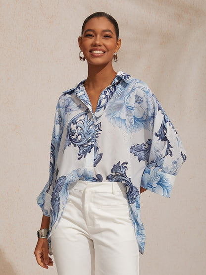Vacation Retro Floral Dolman Sleeve Chiffon Short Shirt