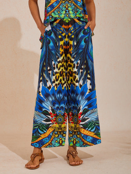 Vacation Leopard Feather Print Elastic Waist Satin Straight Pants