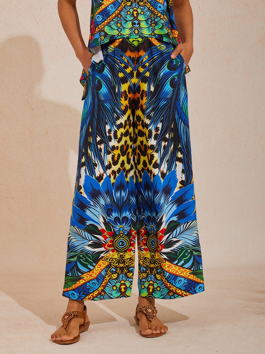 Vacation Leopard Feather Print Elastic Waist Satin Straight Pants